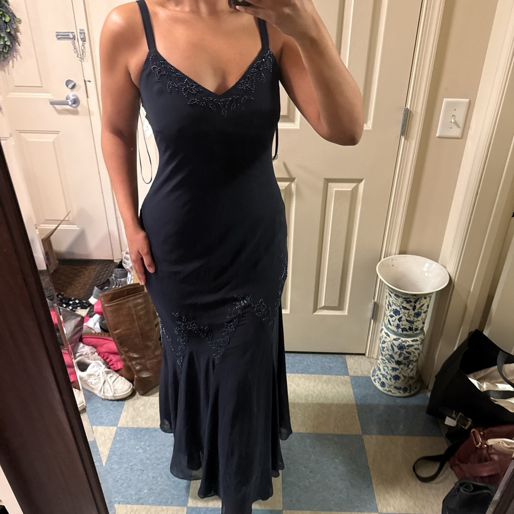 Navy Blue Sequined Evening Gown